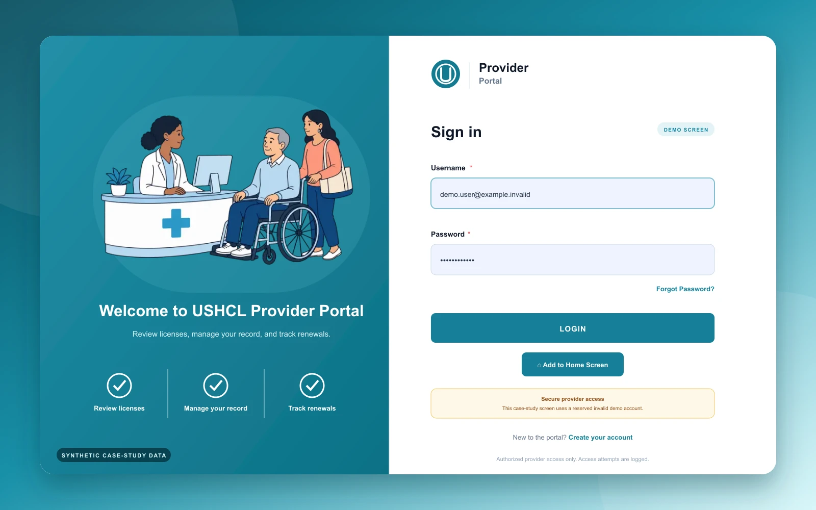 USHCL provider portal sign-in screen with the healthcare onboarding illustration