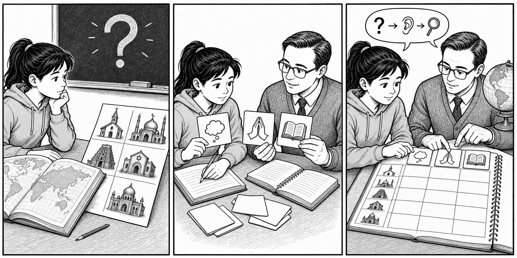A three-panel comic about listening carefully and examining world religions with a teacher