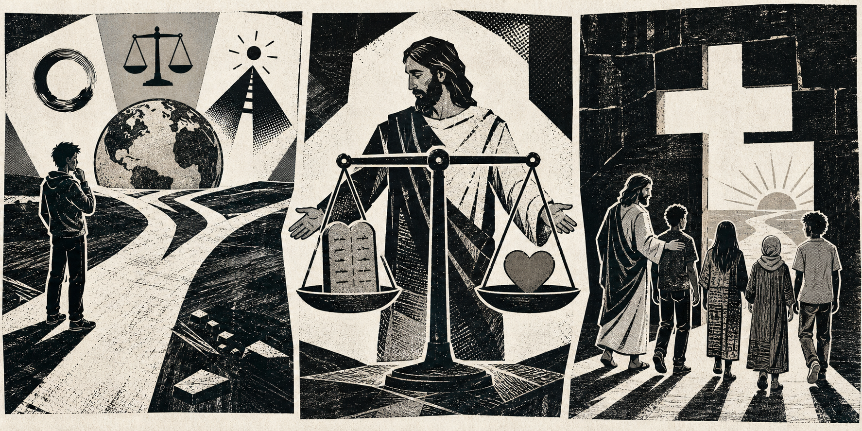 A three-panel black-and-white editorial comic contrasting a crossroads, justice and mercy, and a path toward the cross